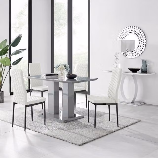 FurnitureboxUK Imperia Grey Glass Dining Table with 4 Milan Black Faux Leather Chairs and White Details