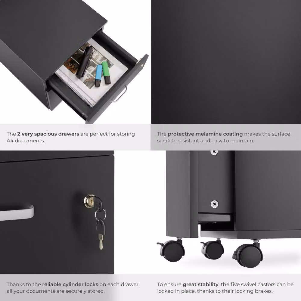 tectake Metal Filing Cabinet in Black with 2 Lockable Rolling Drawers for A4 Documents – 5