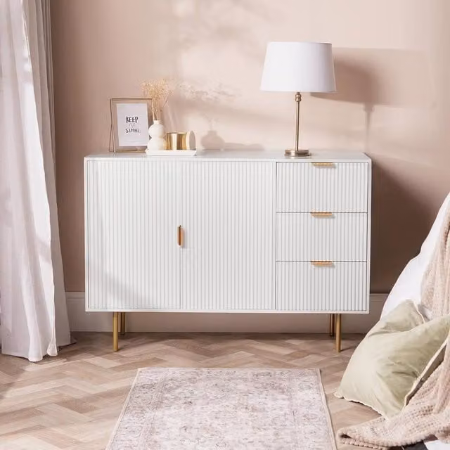 OHS Modern Ribbed Sideboard Cabinet with Drawers and Shelves in Cream Beige – 1