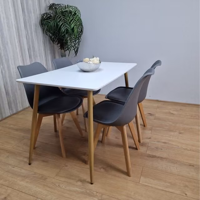 Kosy Koala Modern Rectangular White Dining Table and 4 Grey Chairs Set