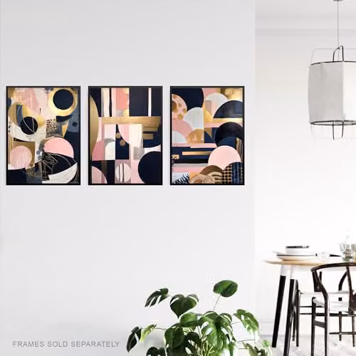 Artery8 Set of 3 A4 Abstract Boho Art Deco Geometric Paper Poster Prints in Gold, Pink, and Navy Blue – 3
