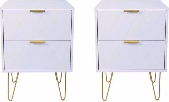 FORGEVIO Set of 2 Modern White and Gold 2-Drawer Bedside Tables
