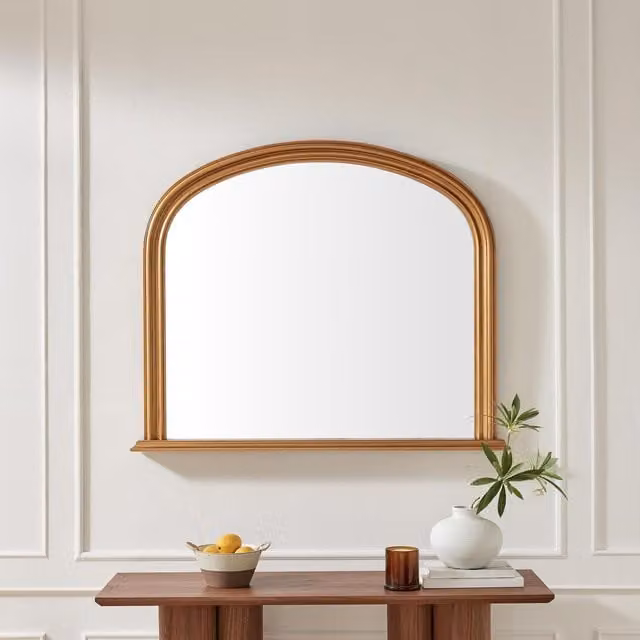 FurnitureboxUK Cecily Wood Large Overmantle Arch Mirror in Gold, W: 110 cm, H: 90 cm
