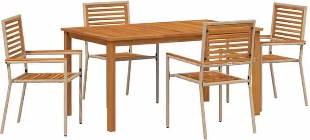Berkfield Home 5 Piece Beige Poly Rattan and Acacia Wood Garden Dining Set – 1