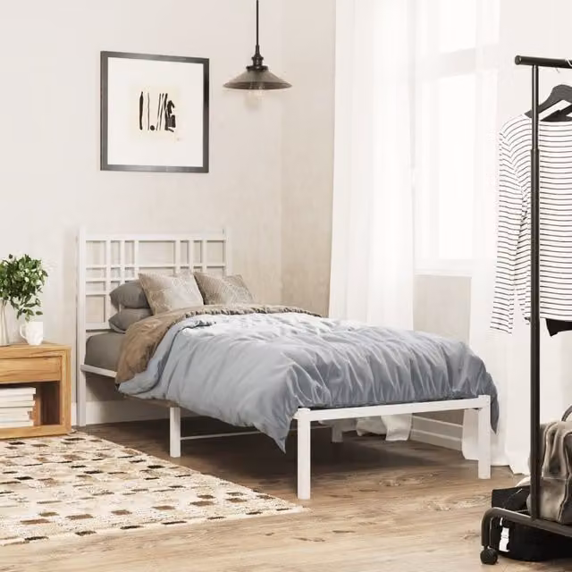 Berkfield Home Metal Bed Frame with Headboard, White, W: 75 cm, L: 190 cm