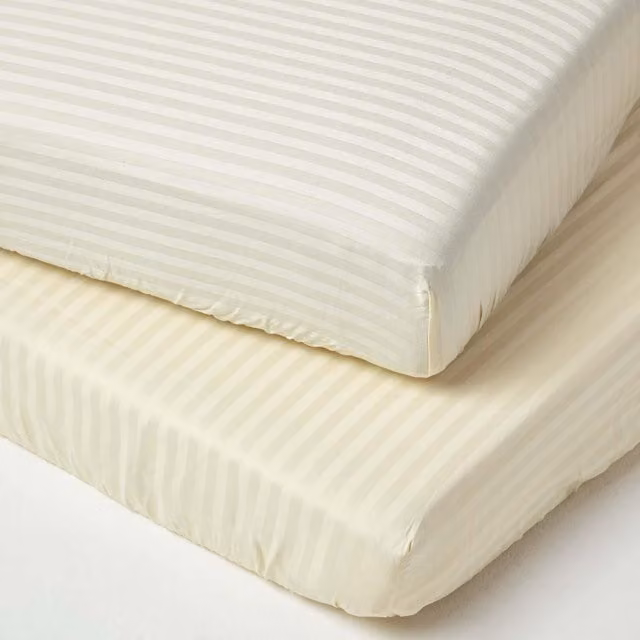 Homescapes 2 Pack Egyptian Cotton Stripe Fitted Cot Sheets, 330 Thread Count, Pale Yellow