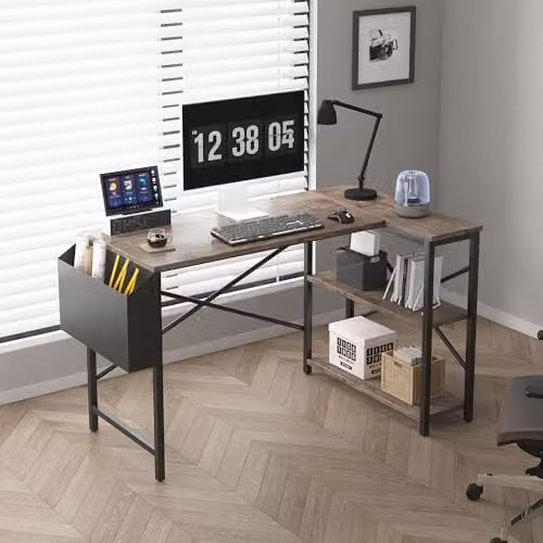 MCC Direct Lotus L-Shaped Corner Computer Desk with Adjustable Shelves in Brown