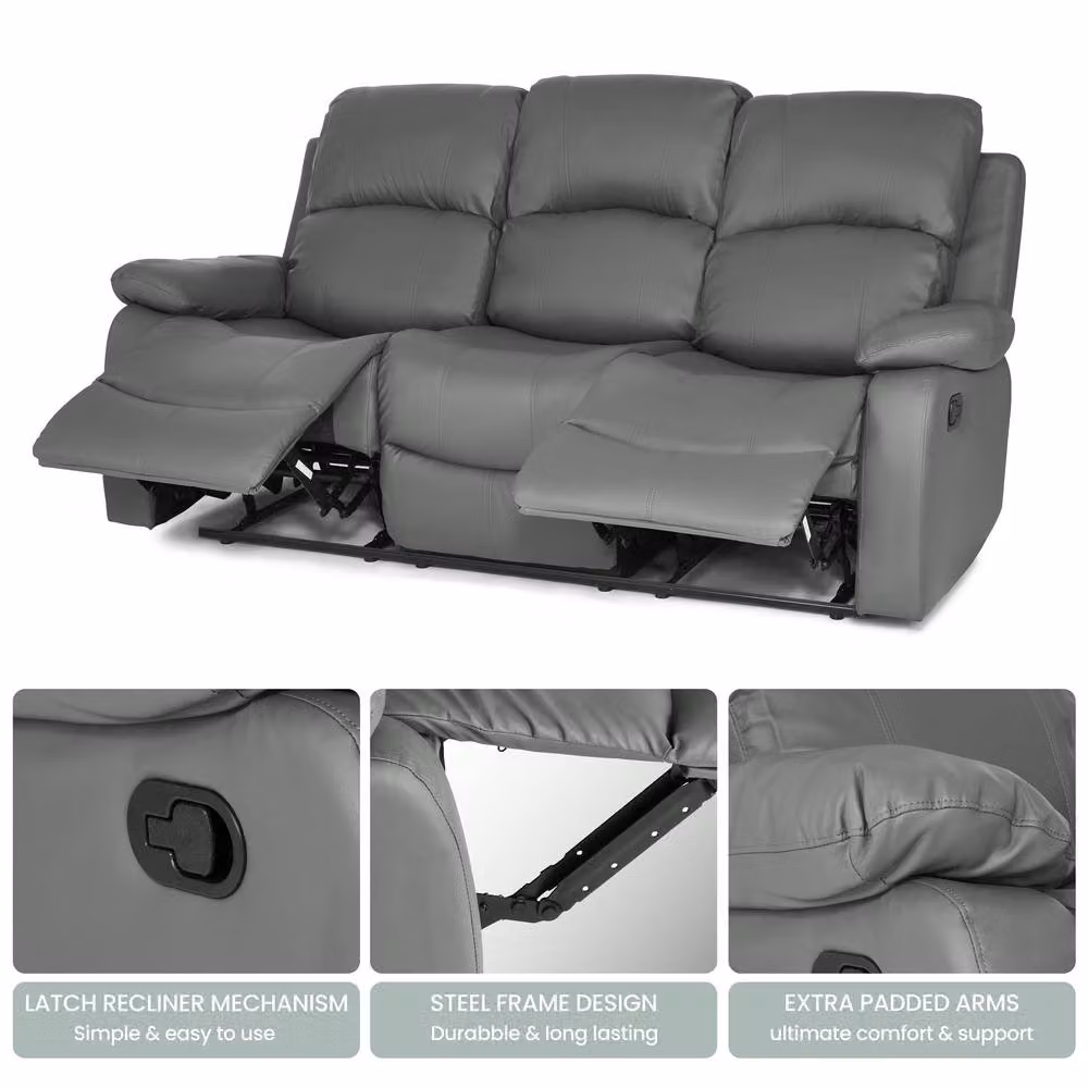 Bravich LTD 3 Seater Bonded Leather Recliner Sofa in Grey – 3