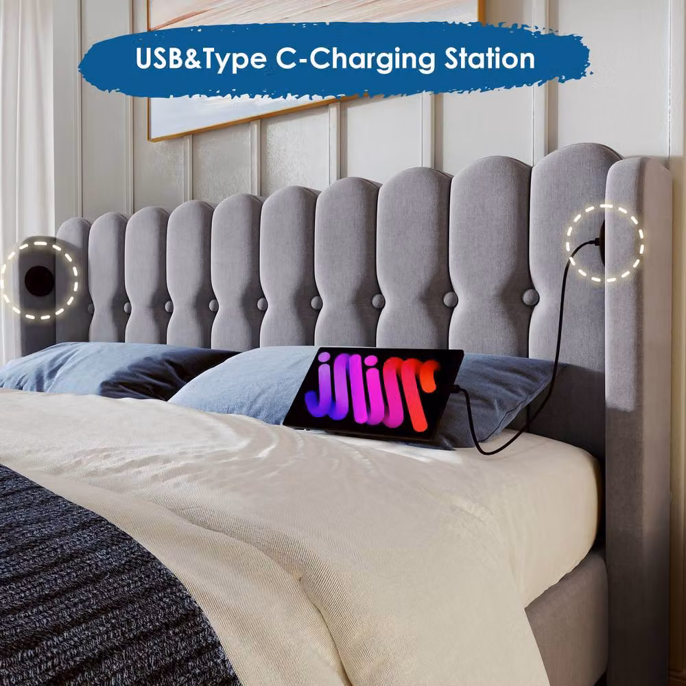 Merax Double Upholstered Velvet Bed in Grey with USB Charging Ports – 5