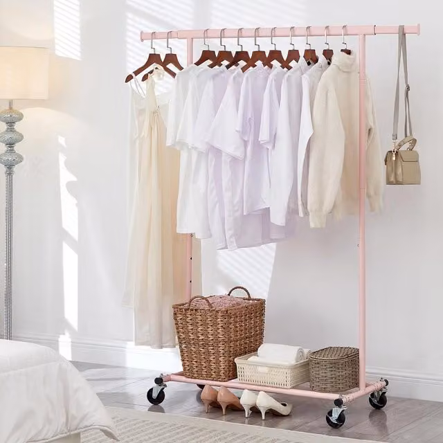 House of Home Heavy Duty Pink Metal Clothes Rail with Shelf, Adjustable Width: 92-132 cm