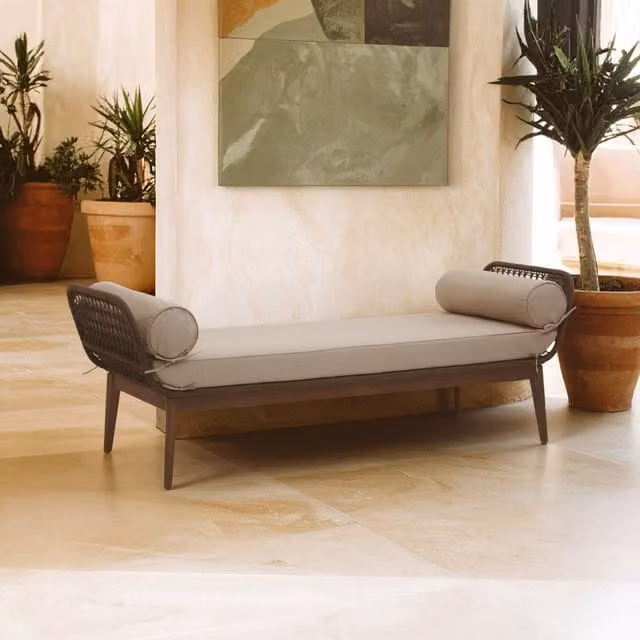 Orsina Rattan Woven Day Bed with Fabric Cushions in Beige, Grey and Bronze – 1