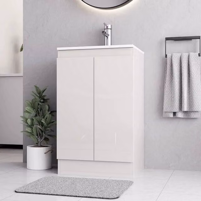 FORGEVIO White Glossy Floor Standing Bathroom Vanity Unit with Basin and Internal Shelves