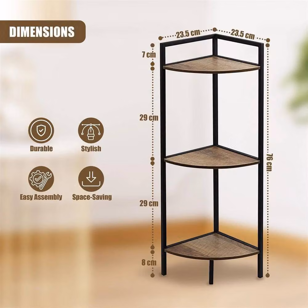 EONLION 3 Tier Freestanding Corner Shelf Unit in Brown and Black Wood and Metal – 2