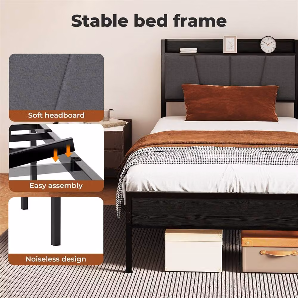 Nordara Single Metal Platform Bed Frame with Upholstered Headboard in Black, W/D/H: 90 x 190 cm – 3