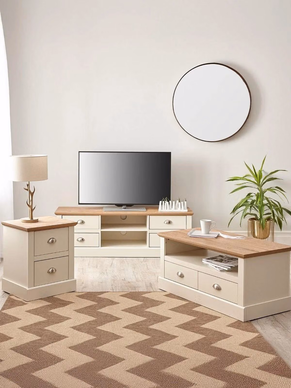 Crawford 3 Piece Furniture Set Including TV Unit, Coffee Table and Lamp Table in Ivory and Oak