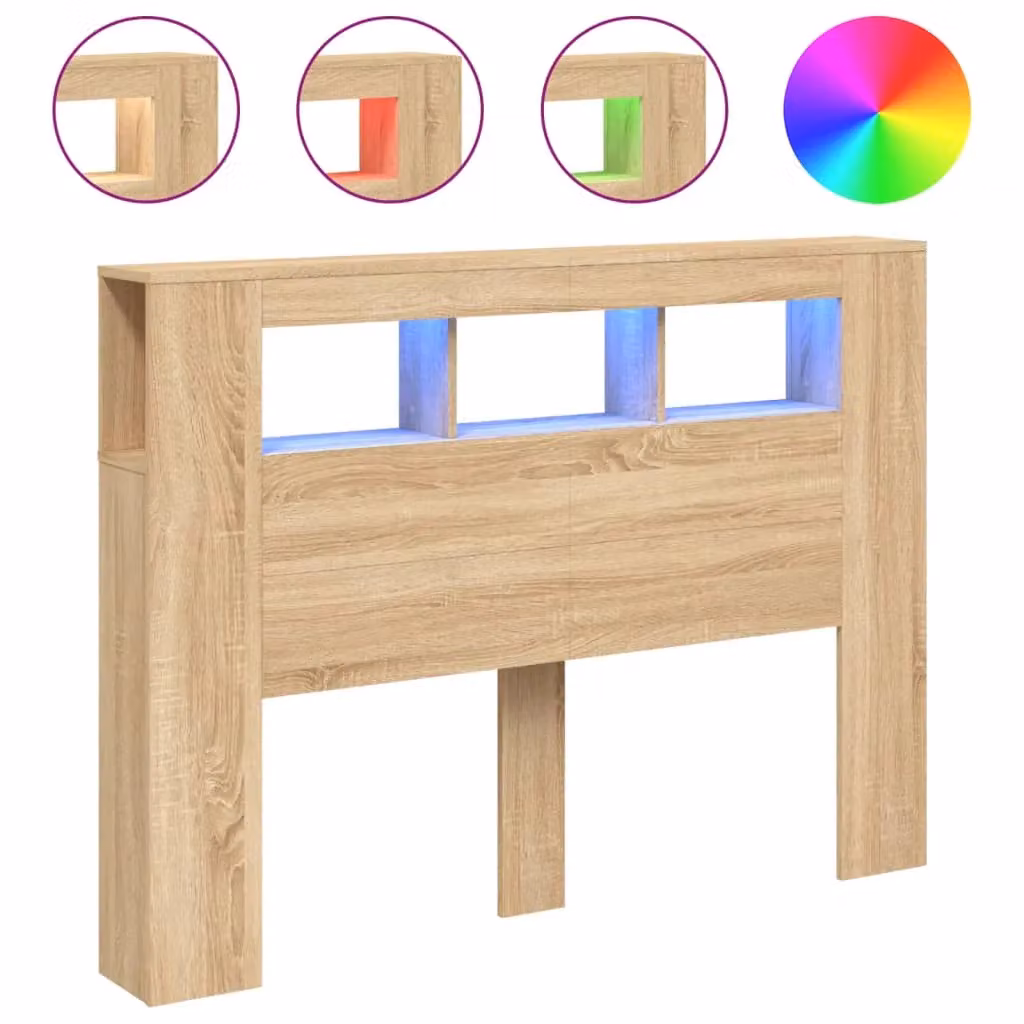 Berkfield Home Sonoma Oak LED Headboard in Brown with Integrated Lighting, Shelf and USB Charging Port, W/D/H: 140 x 18.5 x 103.5 cm – 1
