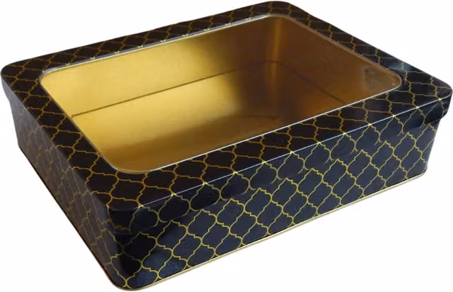 Peacock Supplies Moroccan Gift Tin Box with Window Lid in Black and Gold, W/D/H: 20 x 16 x 5 cm