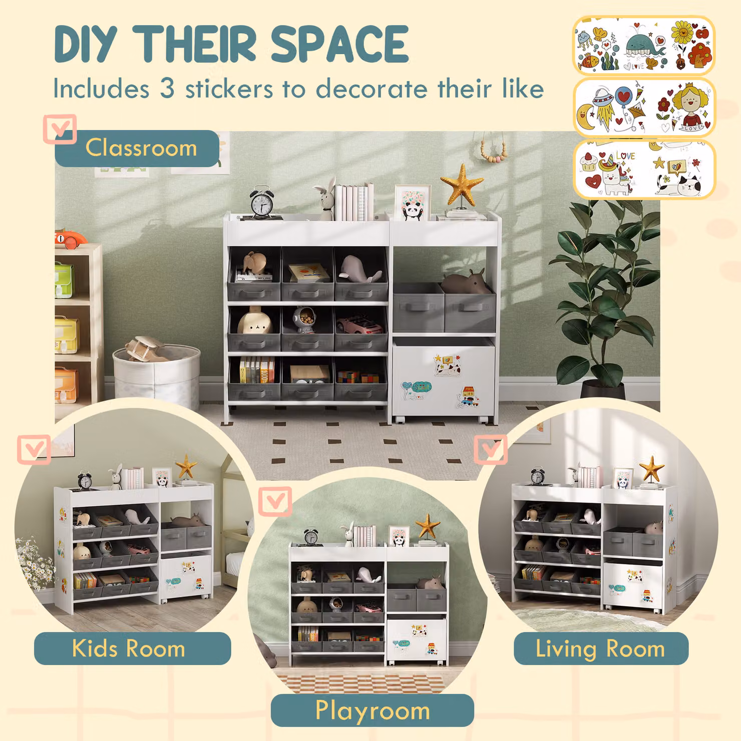 AIYAPLAY Kids Toy Storage Unit with 11 Bins, Cabinet and Top Shelves, White – 5