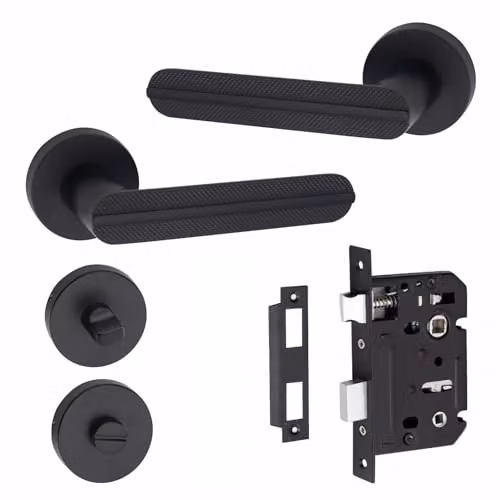 Golden Grace Matt Black Bathroom Door Handles on Round Rose – 1