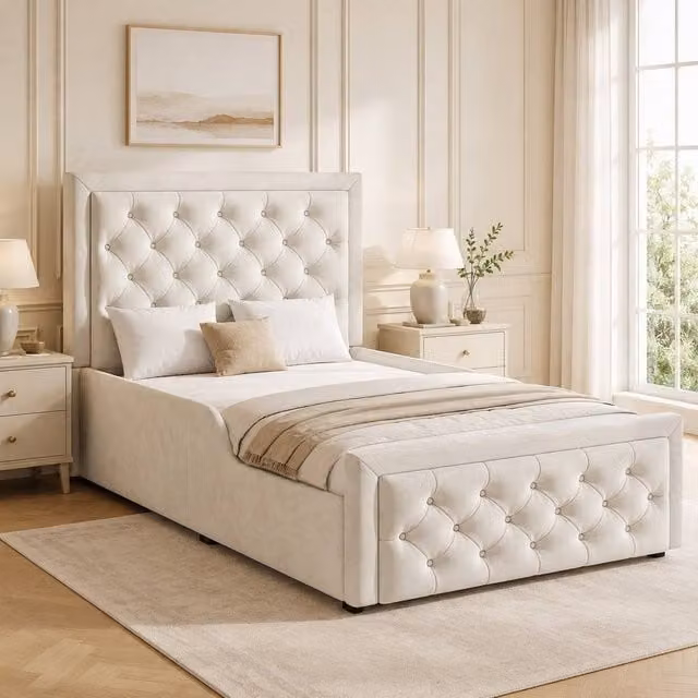 STILVORA Children's Single Upholstered Velvet Bed with Lift-Up Storage in Beige, W/D/H: 90 x 190 x 102.5 cm – 1