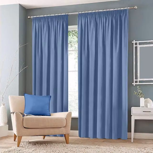 Roseley Blue Blackout Pencil Pleat Fabric Curtains