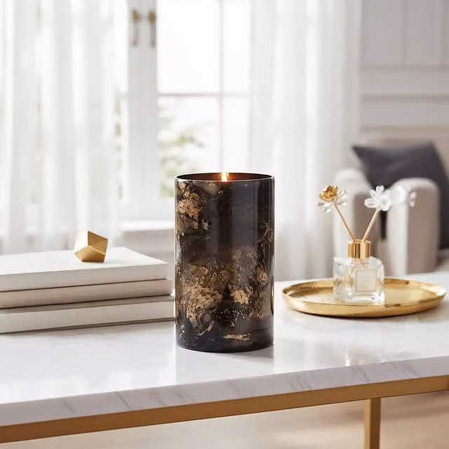 Orsina Gaia Large Abstract Marble Effect Candle Holder in Black and Gold – 1