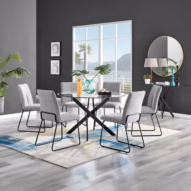 FurnitureboxUK Novara Round Glass Dining Table with 6 Halle Chairs in Black and Light Grey, Diameter: 120 cm