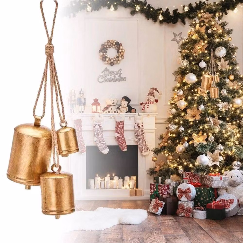 SPETLEK Set of 3 Giant Harmony Cow Bells in Gold Metal with Vintage Design – 2