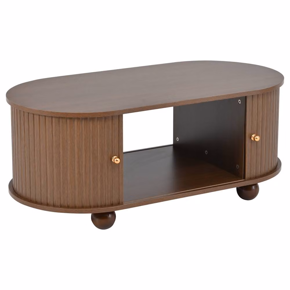 Rolipo Dark Oak Oval Coffee Table with Sliding Doors and Hidden Storage in Brown, W/D/H: 100 x 50 x 40 cm – 8