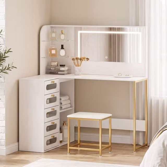 HOMCOM Modern White Dressing Table with LED Mirror and Stool
