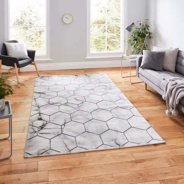 Terrys Modern Abstract Rectangular Rug in Grey, Black and Gold, W: 120 cm x D: 170 cm