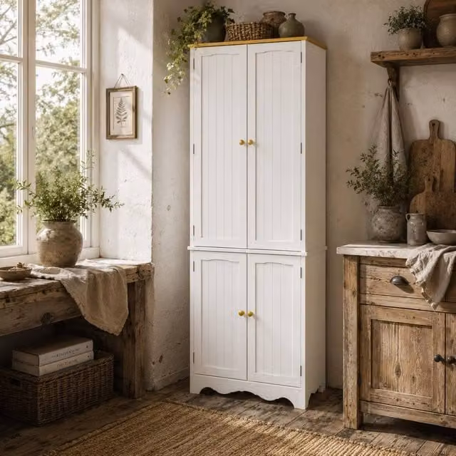 Wyld Haus Banodo Freestanding 4 Door Kitchen Cabinet, White and Brown, H 183 cm x W 61 cm x D 30.5 cm – 1