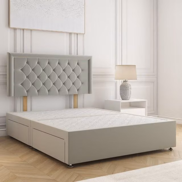 BSSPOKE Nova Divan Bed with 24 inch Plush Headboard and 2 Drawers, Silver, Double W/D/H: 140 x 200 cm