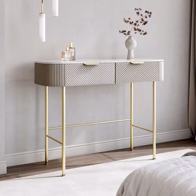 CARME HOME Imogen Mocha Dressing Table with Ribbed Drawers and Brown Marble-effect Tabletop – 1