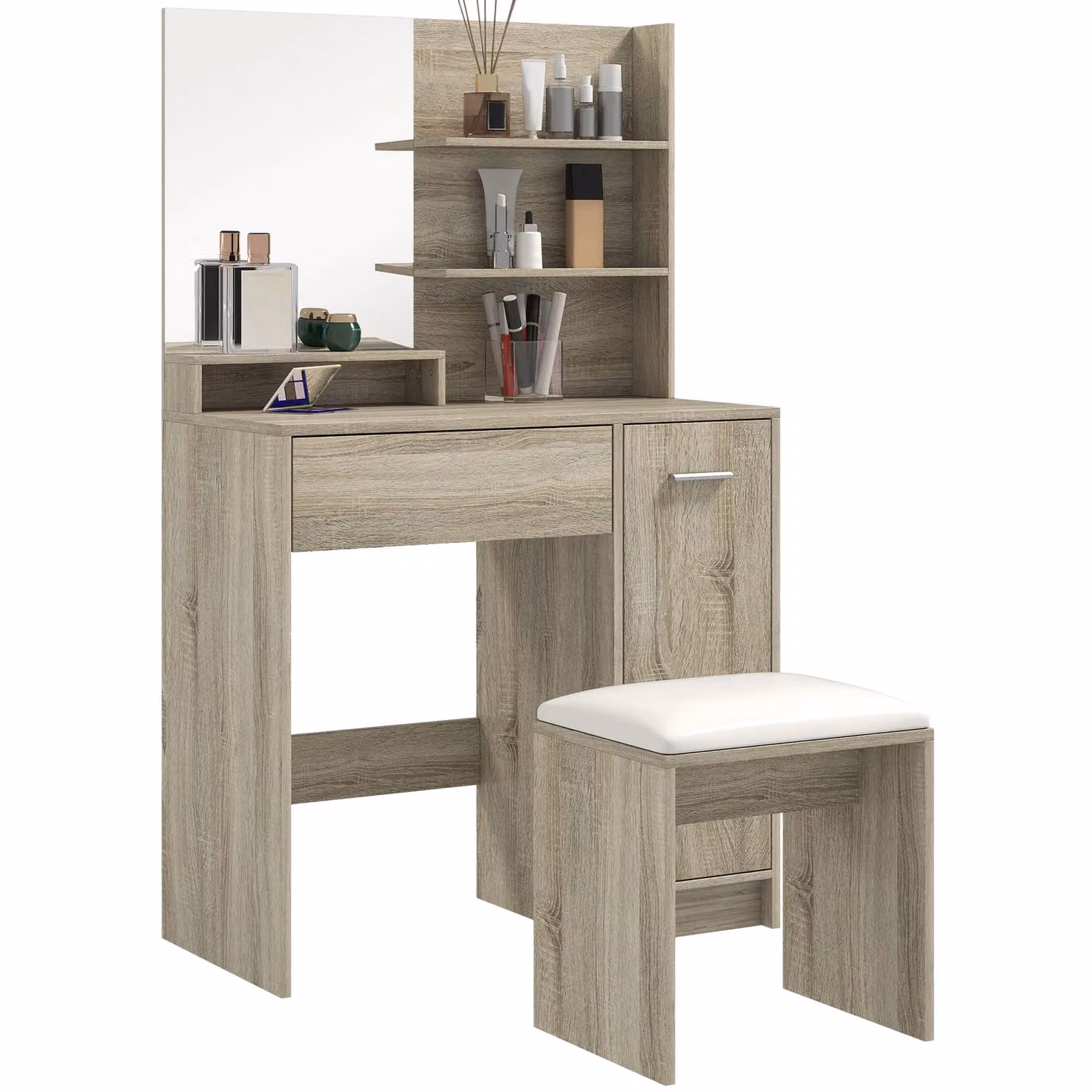 HOMCOM Modern Dressing Table with Mirror and Stool in Beige – 2