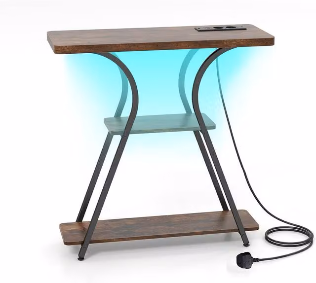 Gymax Industrial Console Table with LED Lights and Power Outlets in Brown