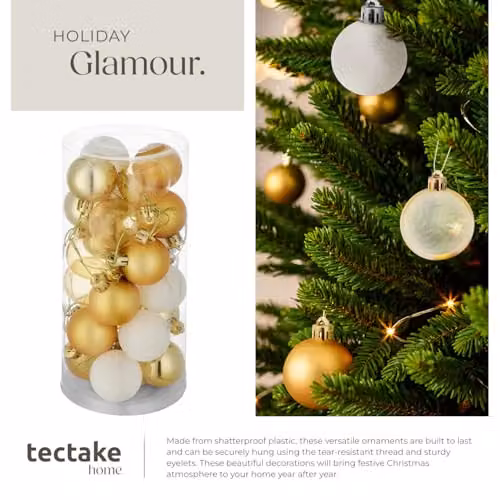 tectake 24-Pack Christmas Baubles in White and Gold with Glossy, Matt, Glittery and Transparent Finishes – 4