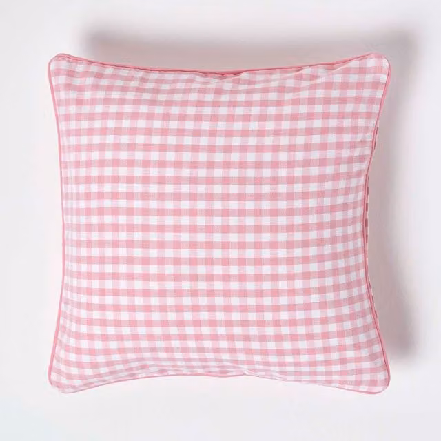 Homescapes Pink Cotton Gingham Check Square Cushion Cover, W/D/H: 45 x 45 x 45 cm