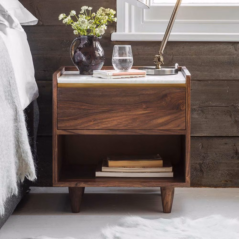 Atkin & Thyme Deco Marble Bedside Table in Brown, White and Gold with Sheesham Wood