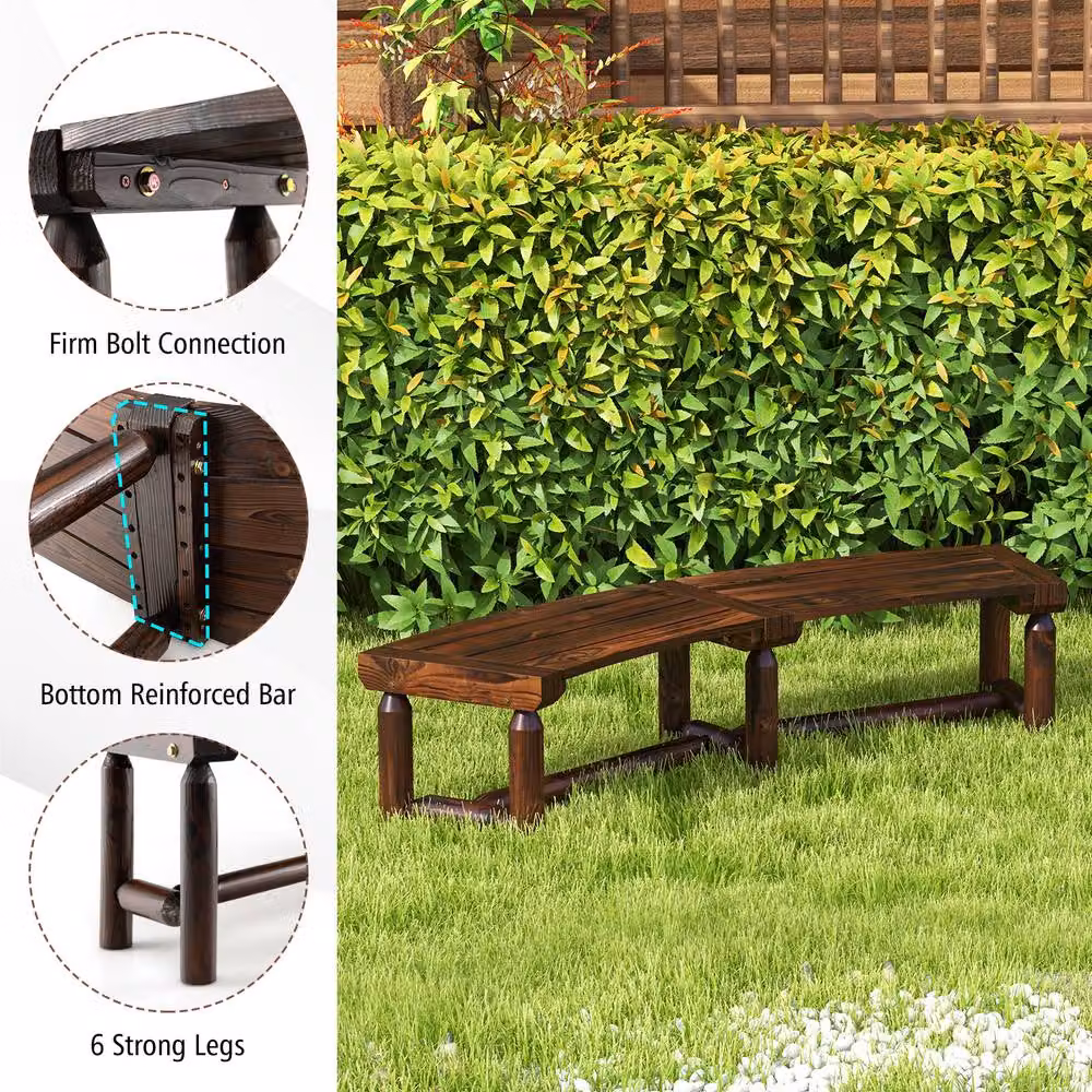 Gymax Brown Curved Pine Wood Patio Dining Bench for 2 Adults – 2
