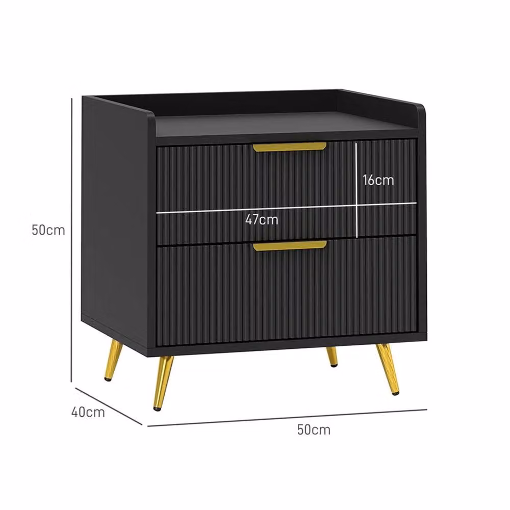 Nordara Set of 2 Modern Black and Gold Bedside Tables with 2 Drawers for your Bedroom or Living Room – 2