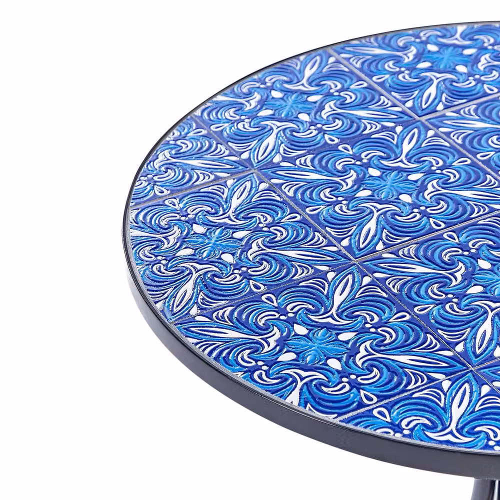Wyld and Coco Vintage Bistro Table with Blue Mosaic Ceramic Top and Black Powder Coated Iron Frame, Diameter: 60 cm – 3