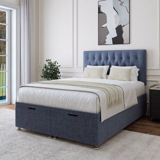 Bedmaster Single Linen Ottoman Divan Base and Button Headboard in Midnight Blue