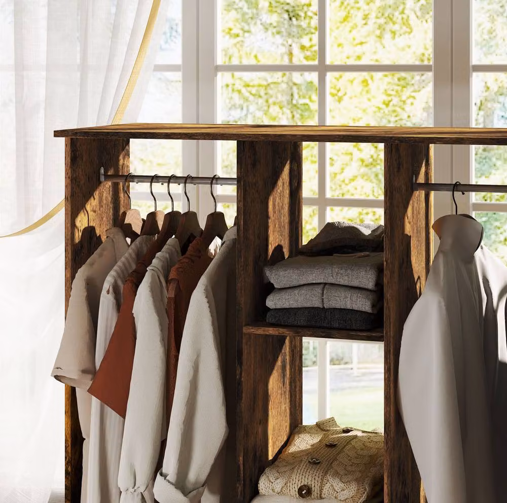 STILVORA Open Wardrobe with Shelves and Wheels in Rustic Brown – 7