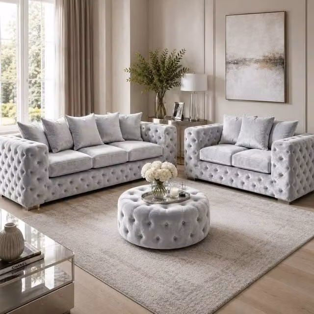 Stratus Interiors Ashley Silver Fabric Chesterfield 2 and 3 Seater Scatter Back Sofa Set – 1