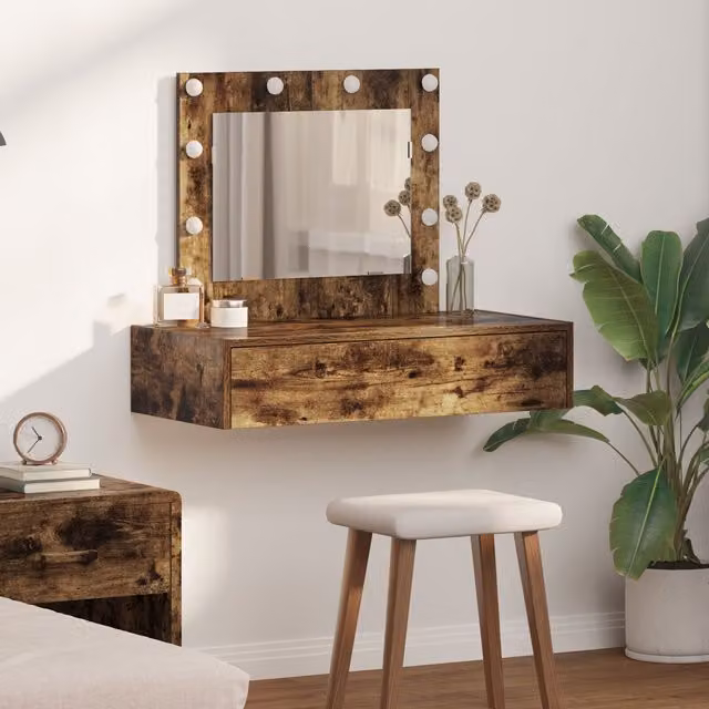 Berkfield Home Hollywood LED Wall Hanging Dressing Table in Smoked Oak Brown