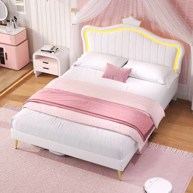 Merax Cream White PU Leather Double Crown Shaped Bed Frame with LED Under-Bed Lighting, W/D/H: 140 x 200 cm – 1