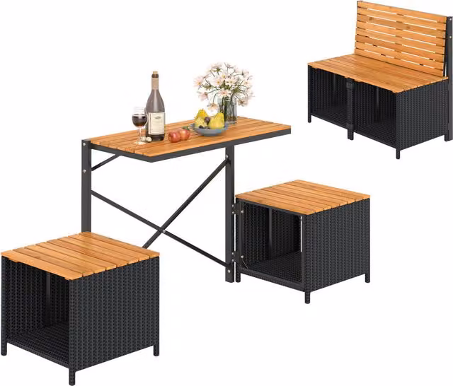 COSTWAY Modern Outdoor Convertible Garden Bench in Black with Acacia Wood and Metal Frame
