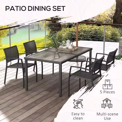 Outsunny 5 Piece Grey Metal Garden Dining Set with Stackable Armchairs – 4