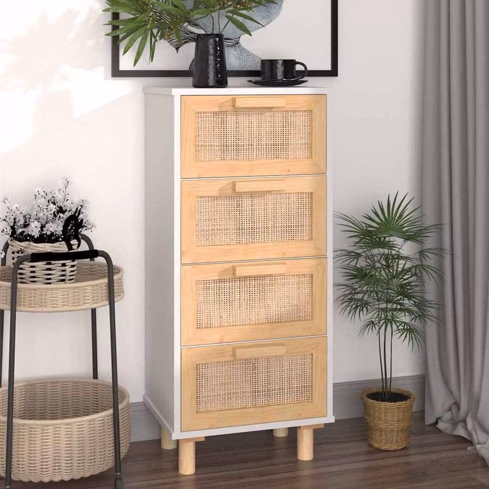 Berkfield Home White Sideboard in Solid Pine and Natural Rattan, W/D/H: 40 x 30 x 90 cm – 2